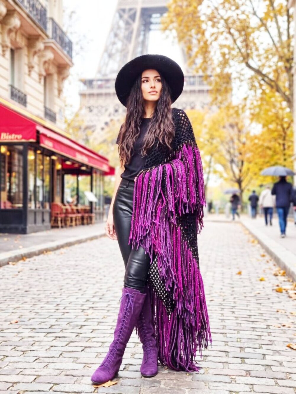 Boho Shawl Black Crochet Dramatic Purple Magenta Fringe
